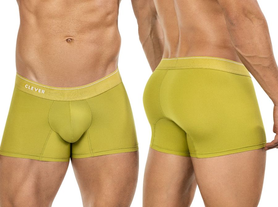 A pair of olive green clever 26008 Atenea boxer briefs with form-fitting fabric and a ribbed waistband