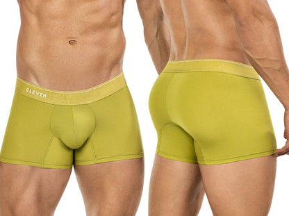 A pair of olive green clever 26008 Atenea boxer briefs with form-fitting fabric and a ribbed waistband