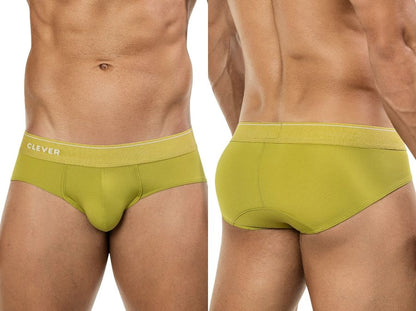 A pair of lime green clever 26012 atenea briefs with a textured waistband featuring the clever brand name in white
