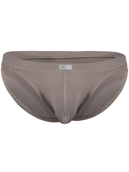 Gray ribbed cotton briefs with clever brand label on waistband for sophisticated comfort and style