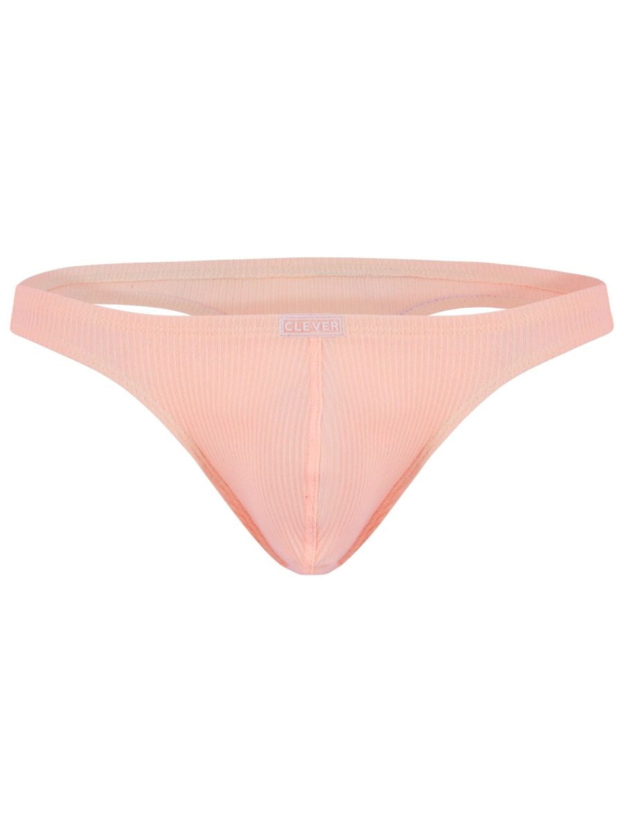 A soft peach-colored ribbed fabric thong with a subtle brand tag at the waistband from clever 26020 apolo