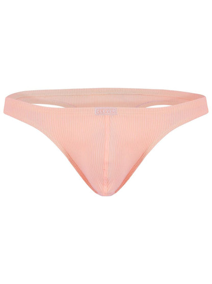 A soft peach-colored ribbed fabric thong with a subtle brand tag at the waistband from clever 26020 apolo
