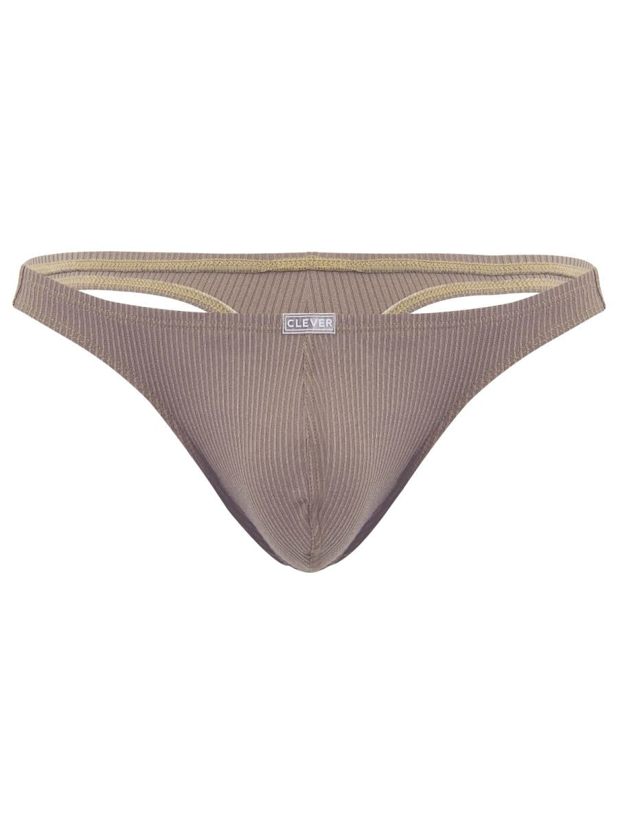 Beige ribbed cotton briefs with subtle gold trim and clever brand label for minimalist sophistication and fit