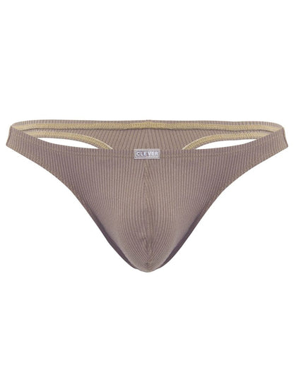Beige ribbed cotton briefs with subtle gold trim and clever brand label for minimalist sophistication and fit