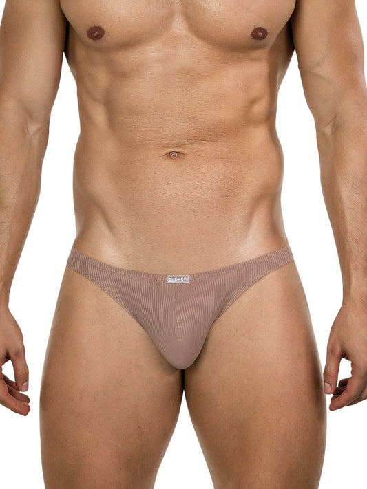 Beige ribbed mesh briefs with white clever brand tag at waistband offering minimalist sophistication and superior fit