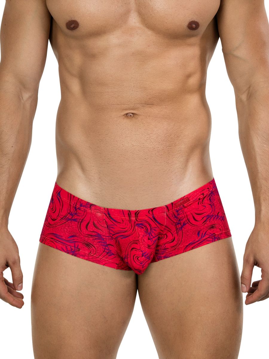 Vibrant red clever 26026 helion trunks with swirling purple pattern featuring bold and modern style briefs