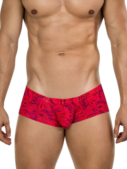 Vibrant red clever 26026 helion trunks with swirling purple pattern featuring bold and modern style briefs