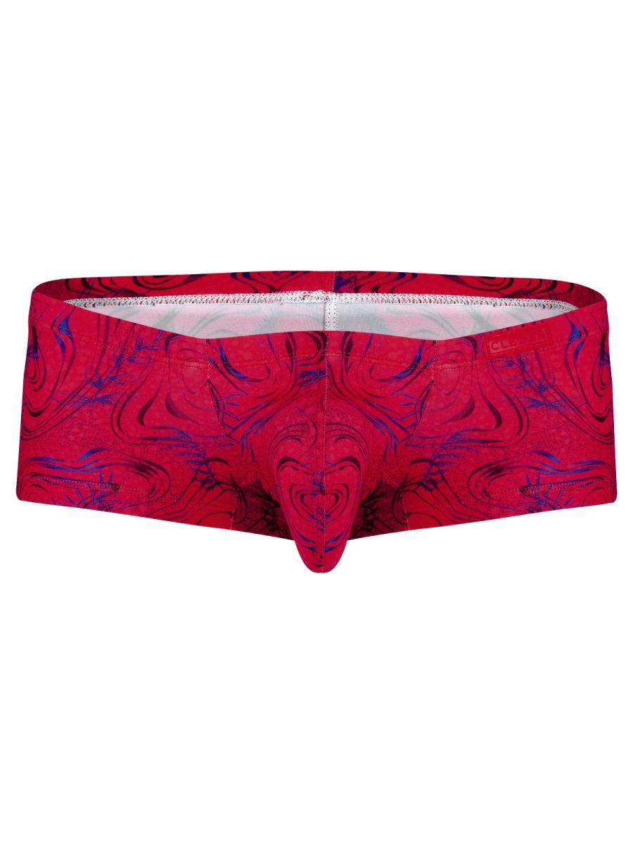 Vibrant red and purple marbled patterned clever 26026 helion men’s briefs with a distinctive front design