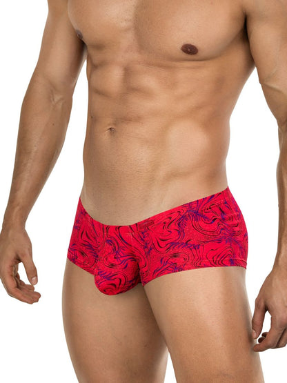 Vibrant red clever 26026 helion trunks with swirling purple and black abstract pattern in bold modern style