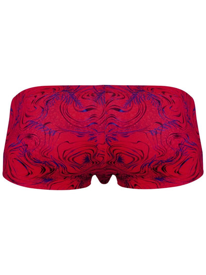 Red and purple marbled clever 26026 helion swim trunks with a bold symmetrical abstract pattern for vibrant style