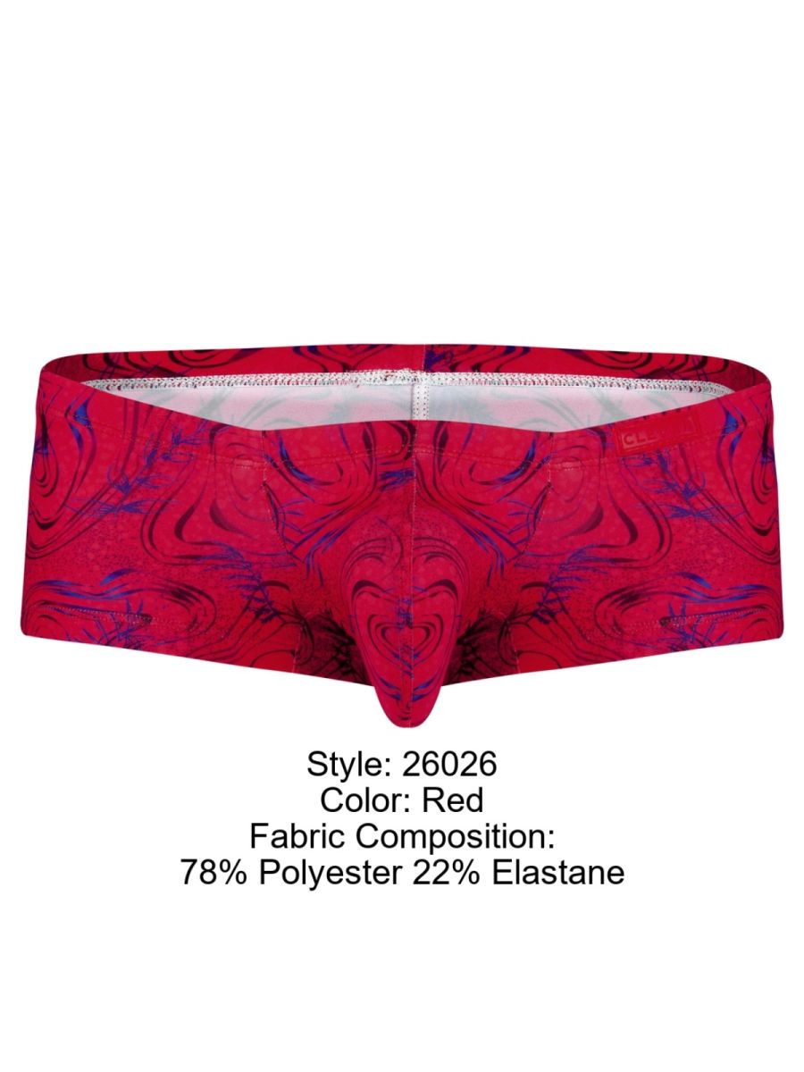 Red men’s briefs clever 26026 helion trunks with bold swirling purple and black pattern in vibrant modern style