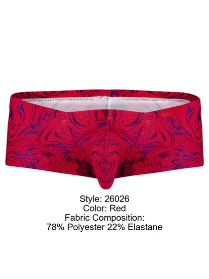 Red men’s briefs clever 26026 helion trunks with bold swirling purple and black pattern in vibrant modern style
