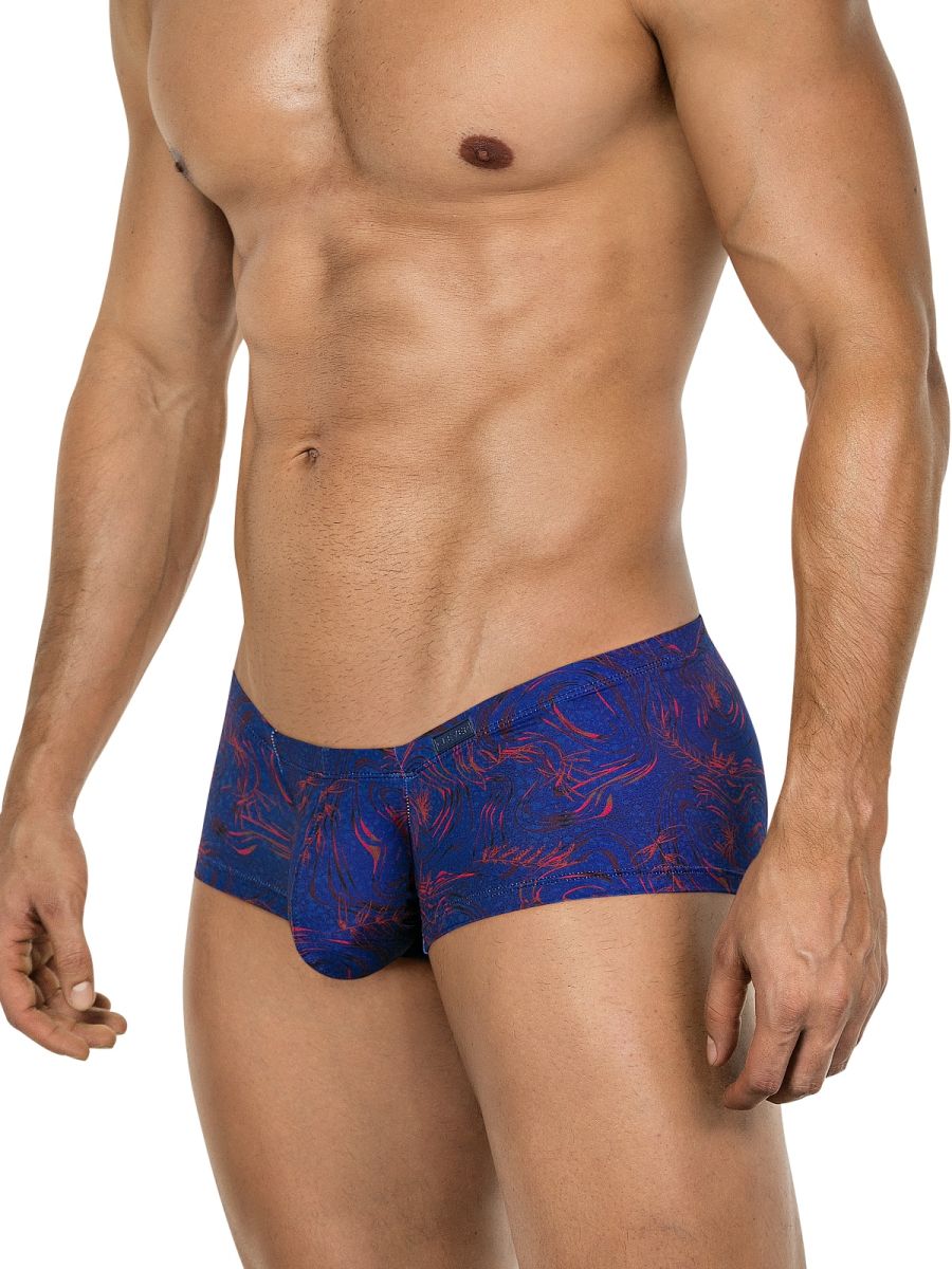 Men’s briefs with blue and red tropical leaf pattern clever 26027 helion trunks for dynamic comfort and bold style