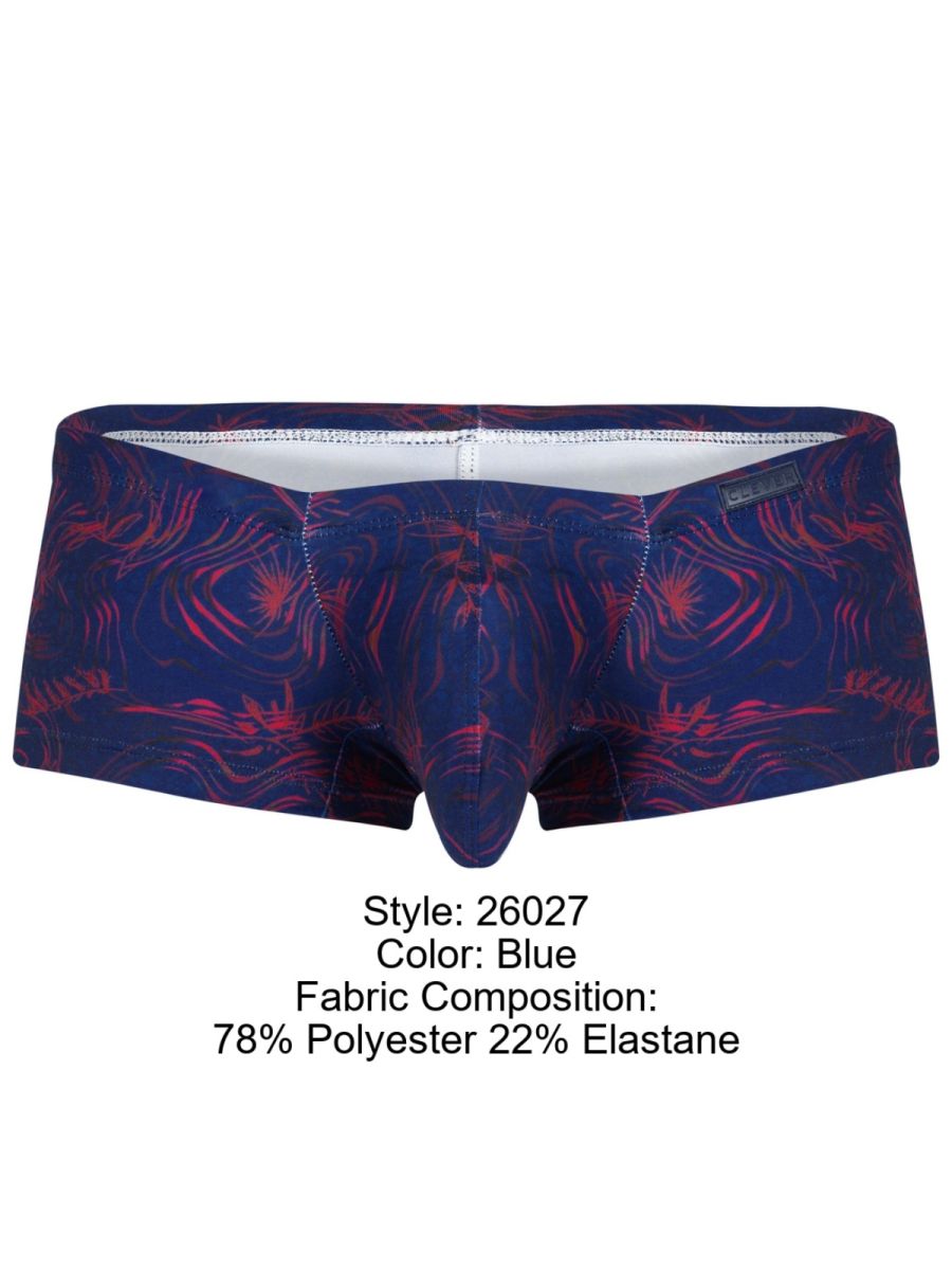 Blue boxer briefs with vibrant red and navy abstract floral pattern made of 78% polyester and 22% elastane by Clever