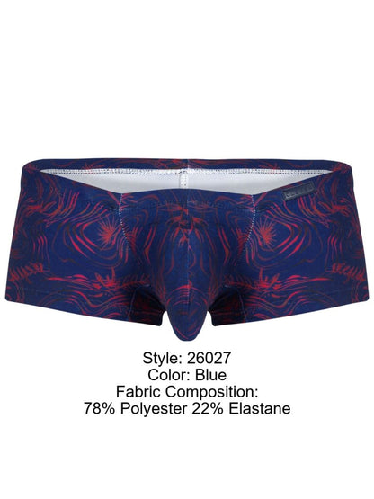 Blue boxer briefs with vibrant red and navy abstract floral pattern made of 78% polyester and 22% elastane by Clever