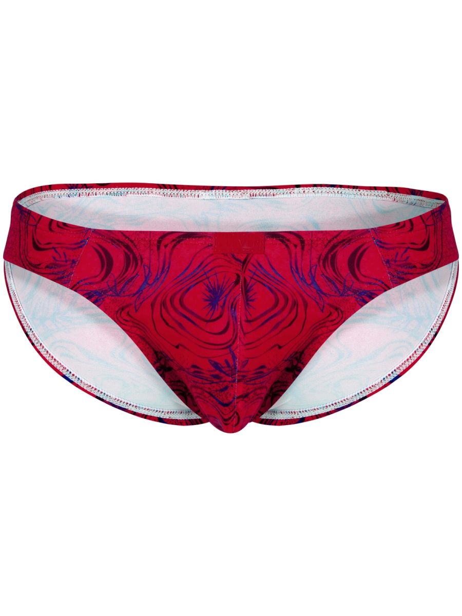 Bold and vibrant clever 26028 helion bikini in red with red and purple patterned swim trunks and white lining