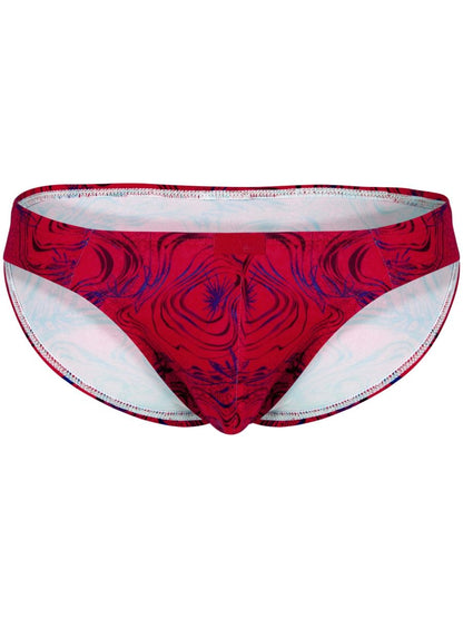 Bold and vibrant clever 26028 helion bikini in red with red and purple patterned swim trunks and white lining
