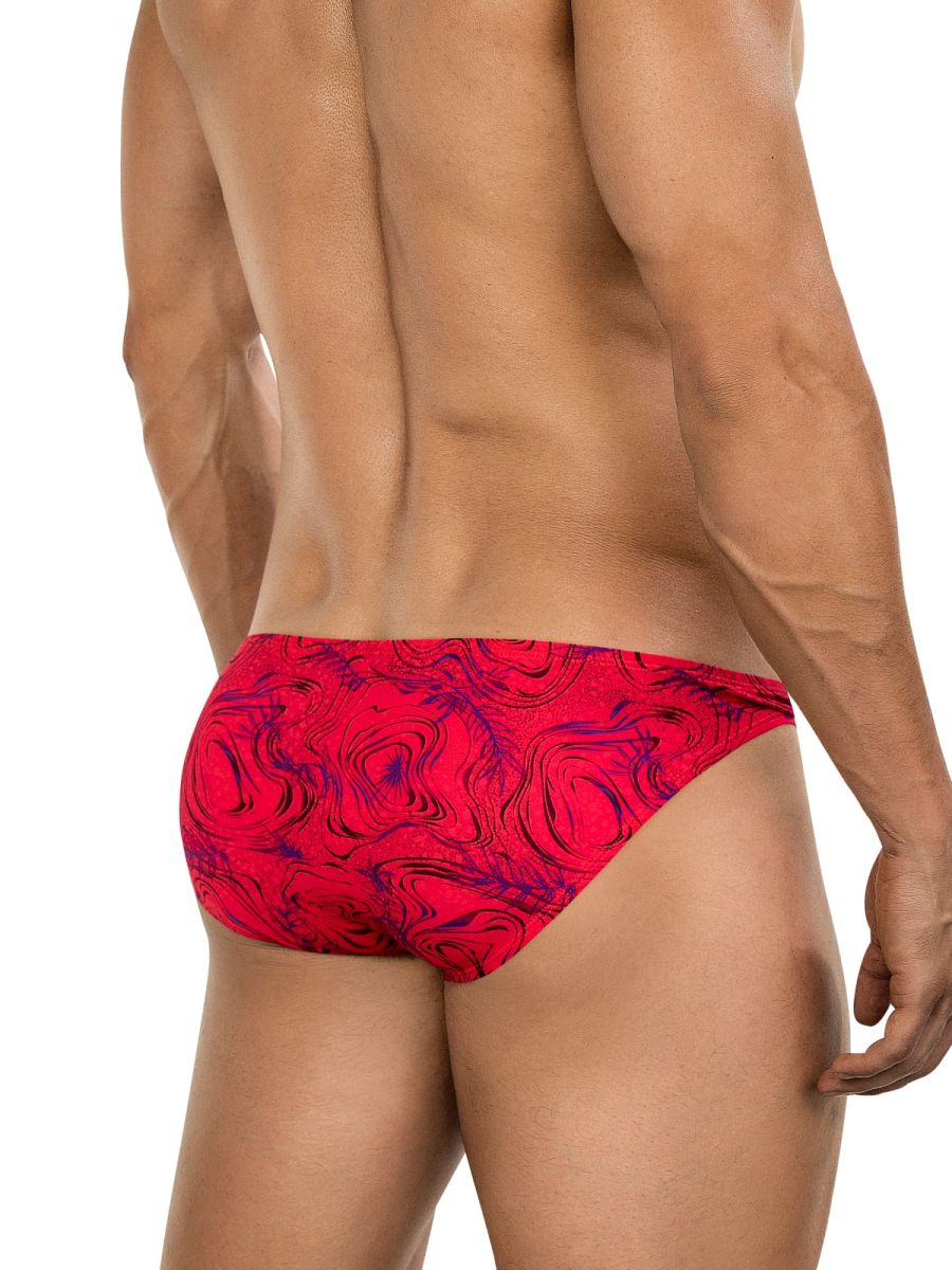 Vibrant red and purple swirling patterned swim trunks from clever 26028 helion bikini for bold modern style