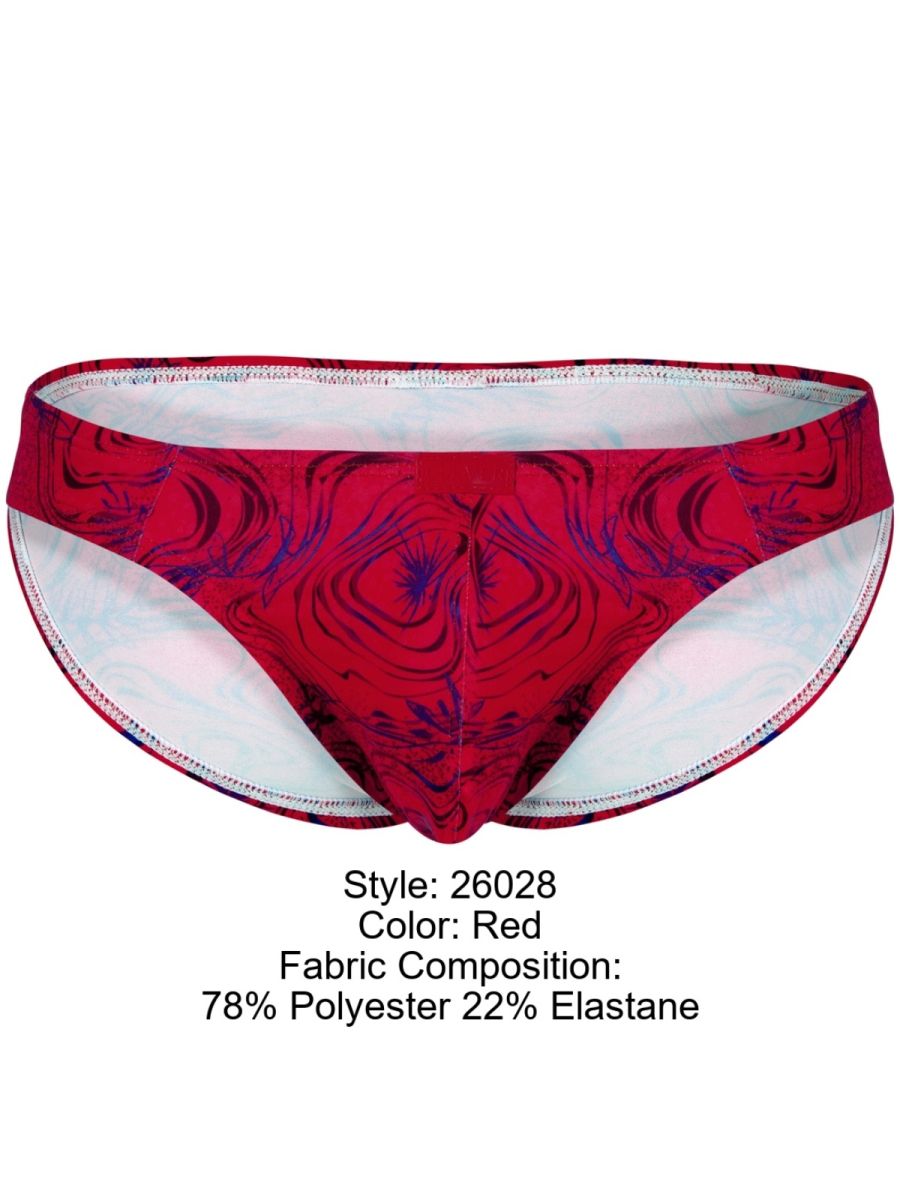 Red swim trunks clever 26028 helion bikini with bold swirling maroon and dark purple abstract pattern exterior
