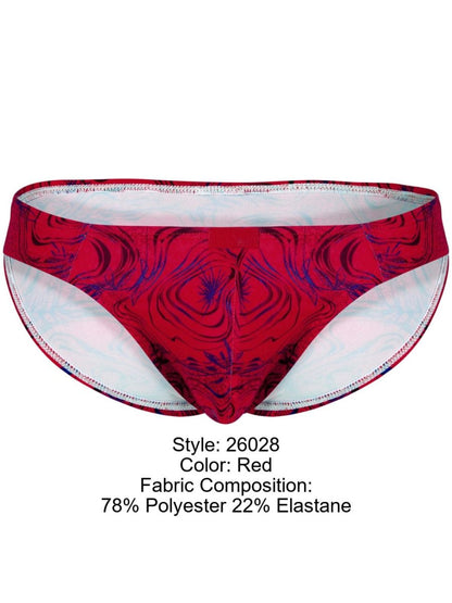 Red swim trunks clever 26028 helion bikini with bold swirling maroon and dark purple abstract pattern exterior