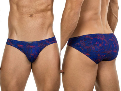 Blue and red tropical leaf-patterned men’s briefs clever 26029 helion bikini vibrant blue color