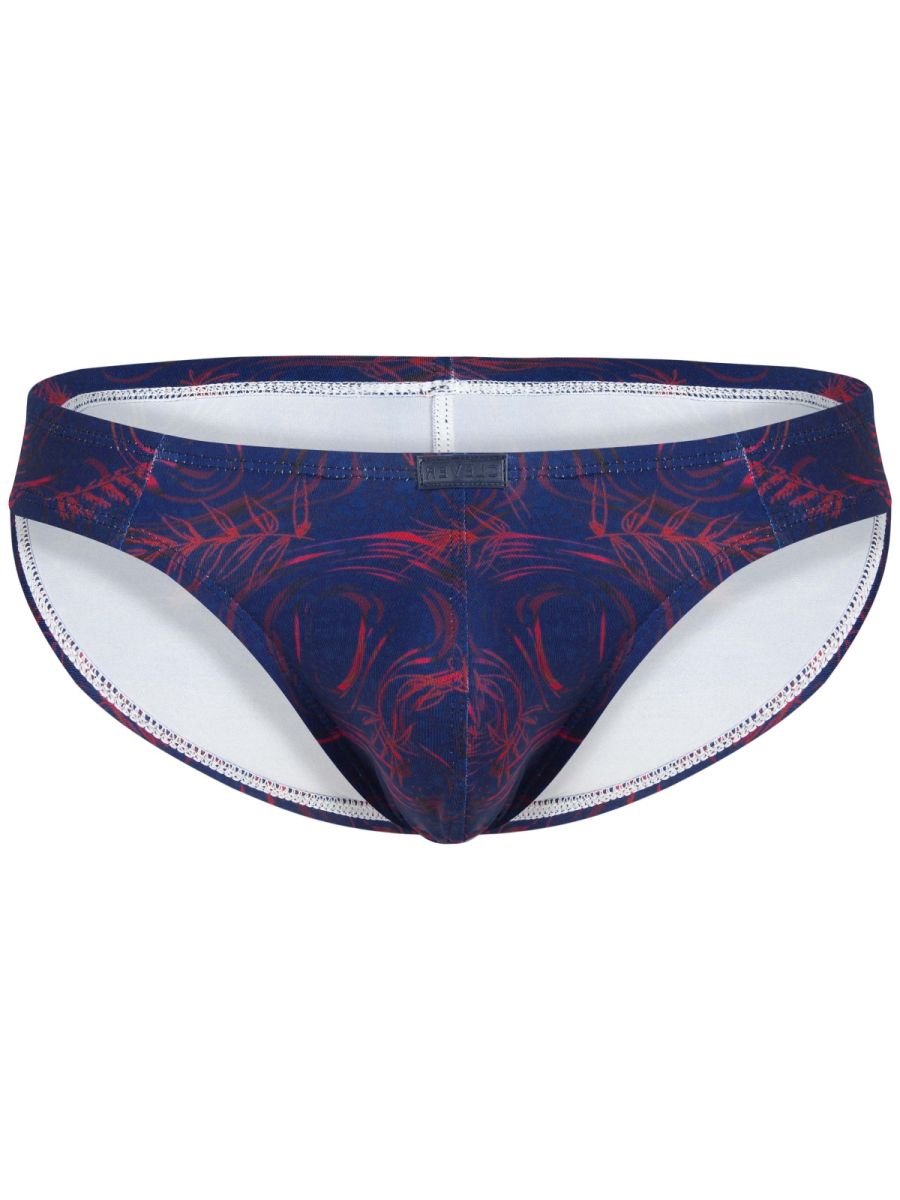 Navy blue and red tropical leaf patterned swim trunks with white lining from Clever 26029 Helion Bikini vibrant blue