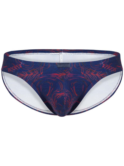 Navy blue and red tropical leaf patterned swim trunks with white lining from Clever 26029 Helion Bikini vibrant blue