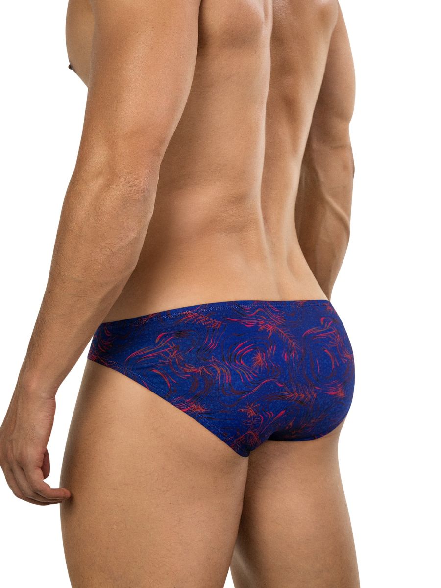 Men’s clever 26029 helion bikini briefs with vibrant blue and red tropical leaf pattern for comfortable wear