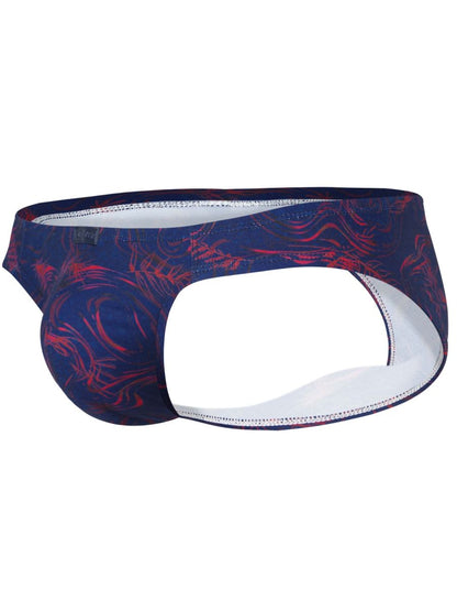 Clever 26029 helion bikini men’s briefs in vibrant blue with dark blue and red abstract pattern and white interior lining