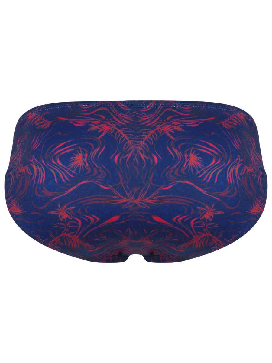 Blue clever 26029 helion bikini swim trunks with vibrant red abstract pattern designed for beachwear