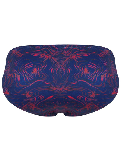 Blue clever 26029 helion bikini swim trunks with vibrant red abstract pattern designed for beachwear