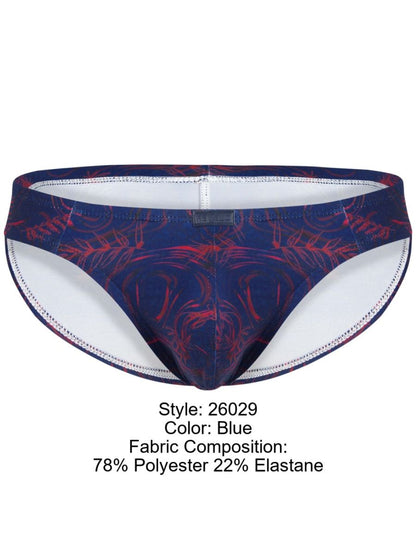 Clever 26029 helion bikini vibrant blue swim trunks with dark navy base red abstract designs and white lining