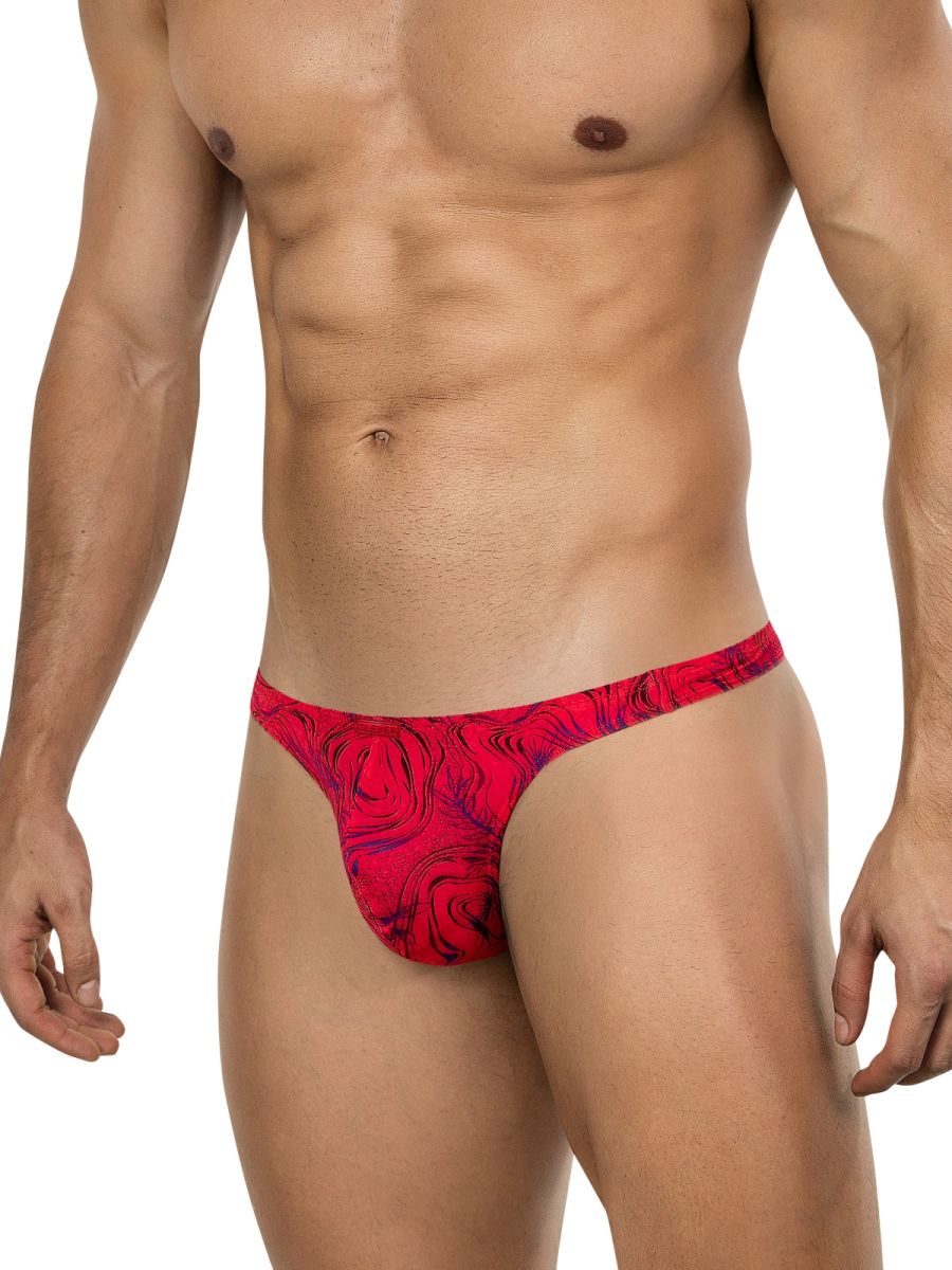 Red Clever 26030 Helion thong with a bold swirling rose pattern in darker red and purple hues visible from the back side