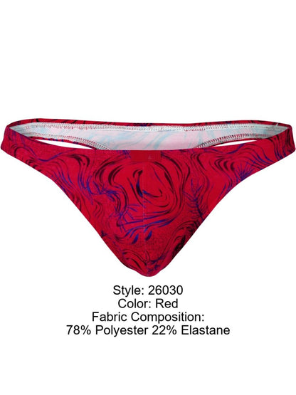 Red clever 26030 helion thong with swirling purple and black pattern made of 78% polyester and 22% elastane