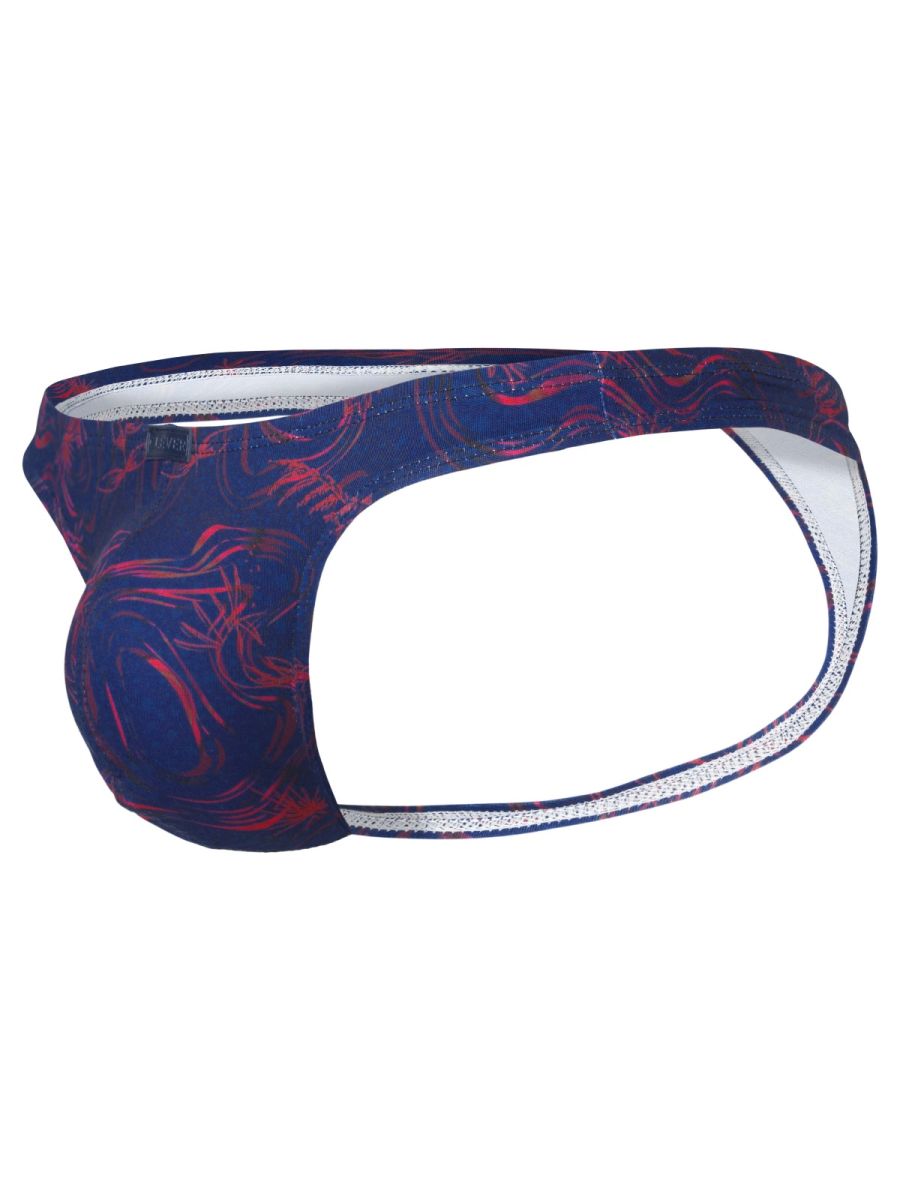 Dark blue and red abstract patterned men’s briefs with white trim offering sophisticated style and ultimate comfort