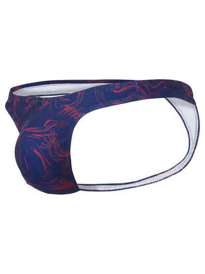 Dark blue and red abstract patterned men’s briefs with white trim offering sophisticated style and ultimate comfort