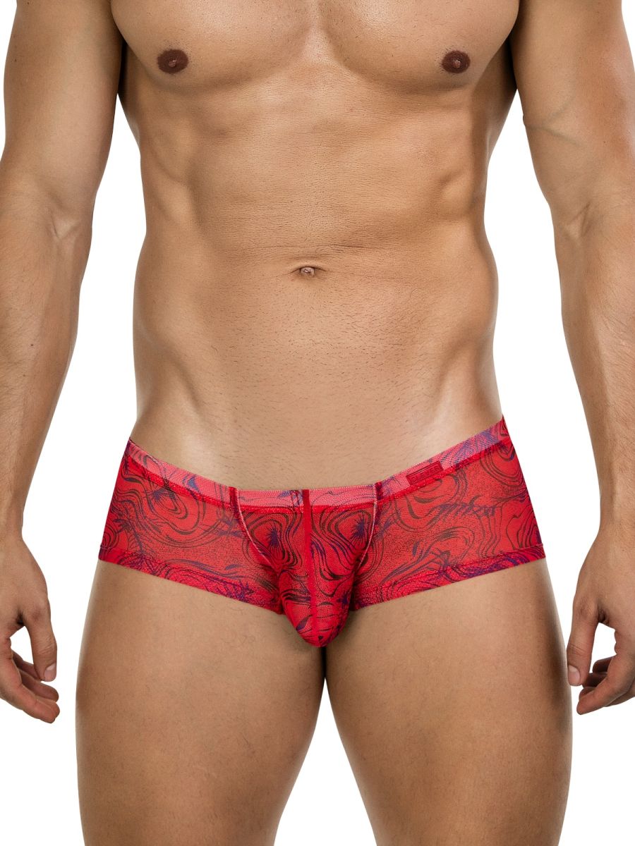 Red sheer briefs with black swirling pattern and purple trim from clever 26032 calipso trunks for bold sophistication