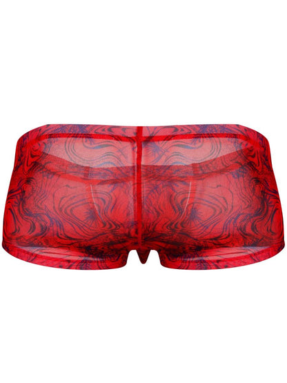 Red sheer mesh briefs with swirling dark blue and black abstract pattern from clever 26032 calipso trunks collection