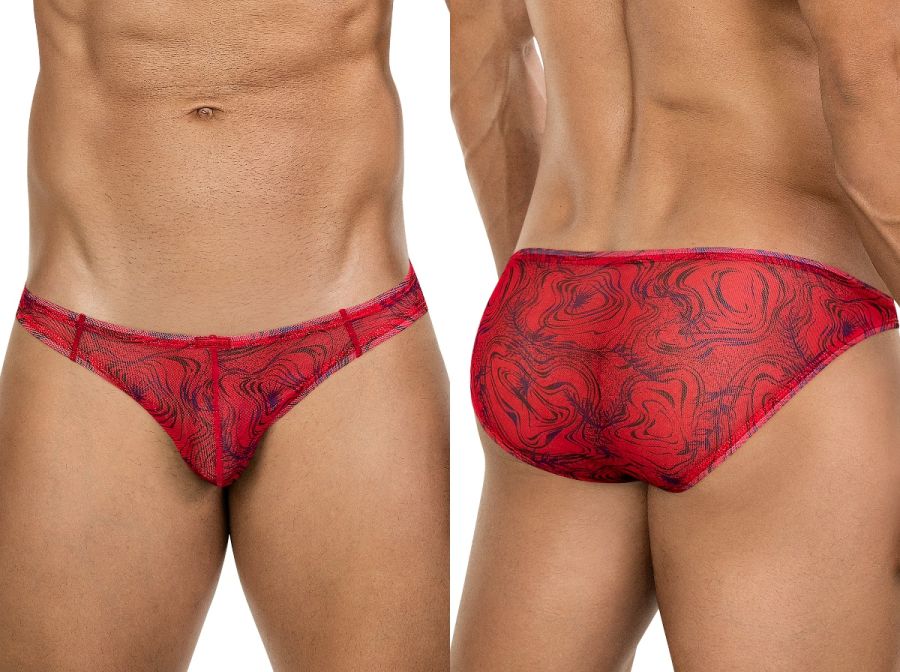Red lace thong bikini with swirling black pattern from clever 26034 calipso in bold modern elegance style