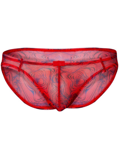 Red mesh briefs with swirling blue and black pattern from clever 26034 calipso bikini in bold modern elegance design