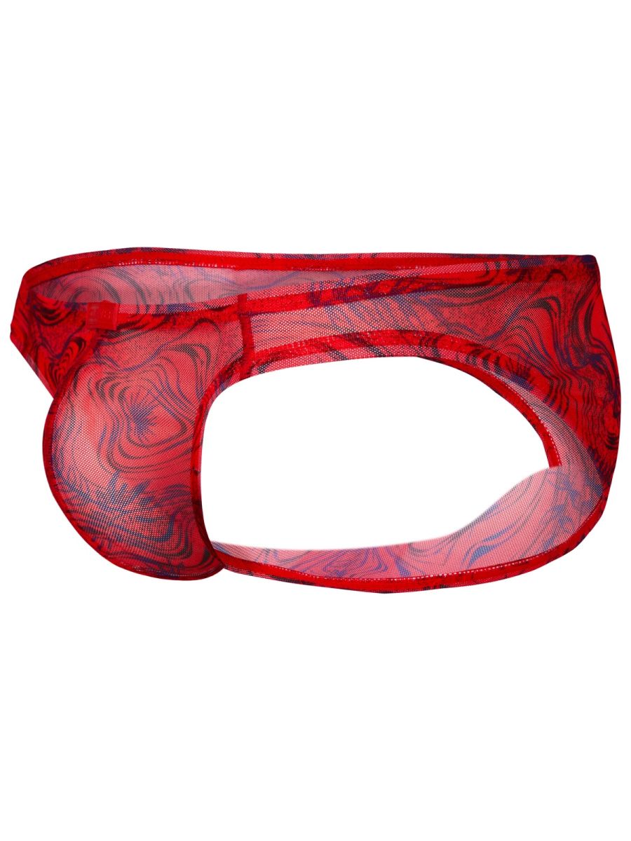 Red sheer mesh briefs with dark blue swirling pattern from Clever 26034 Calipso bikini embody bold modern elegance