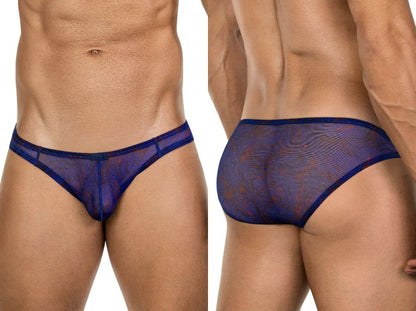 Navy blue sheer mesh thong bikini with subtle pattern and reinforced elastic waistband from clever 26035 calipso design