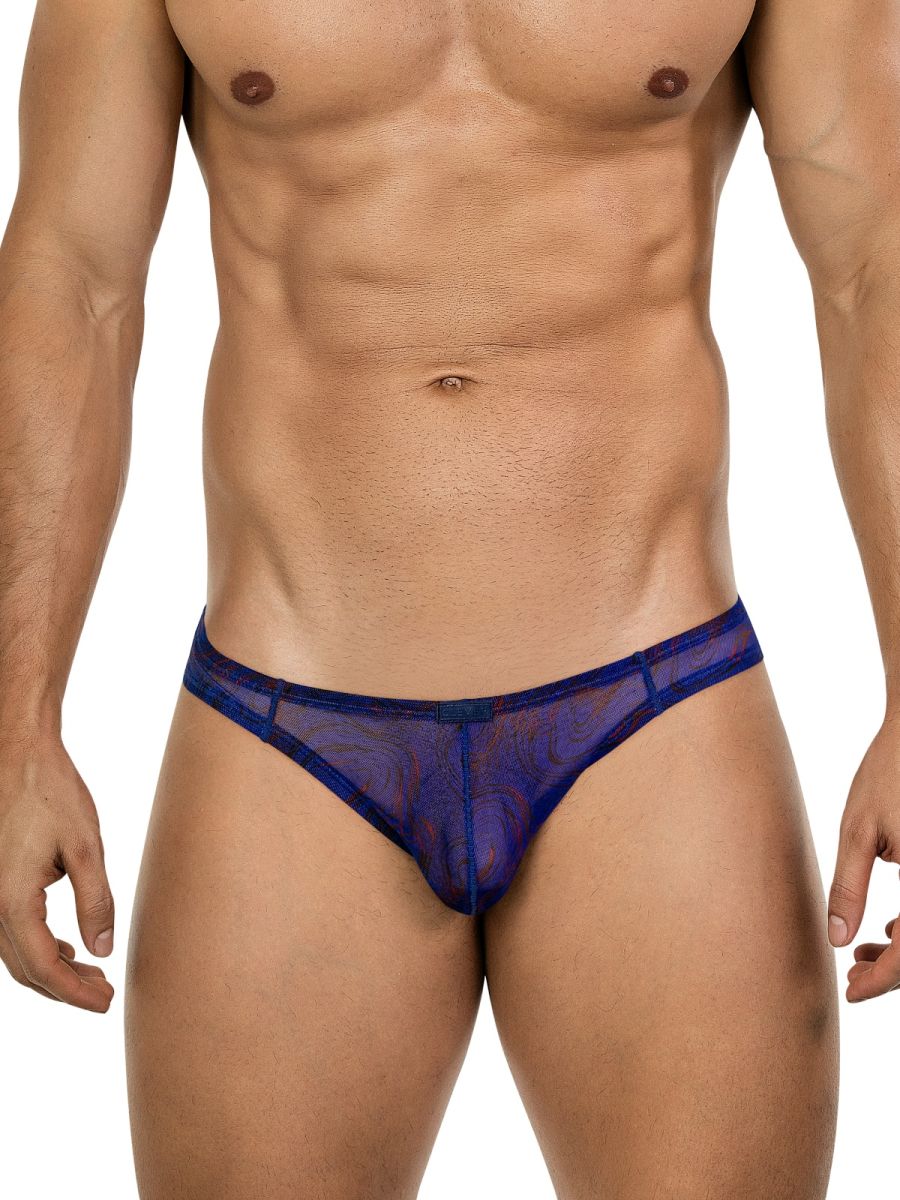 Blue sheer mesh thong bikini with solid blue waistband clever 26035 calipso bold and breathable style