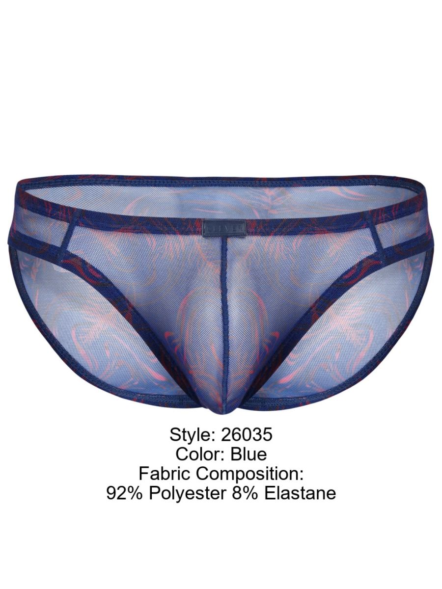 Blue sheer mesh briefs with red and purple floral pattern and dark blue trim from clever 26035 calipso bikini