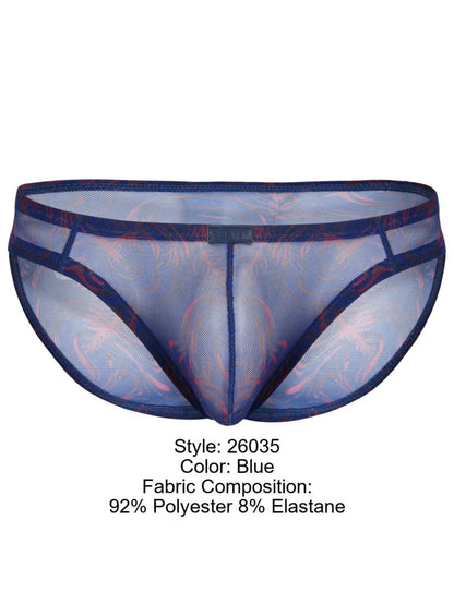 Blue sheer mesh briefs with red and purple floral pattern and dark blue trim from clever 26035 calipso bikini