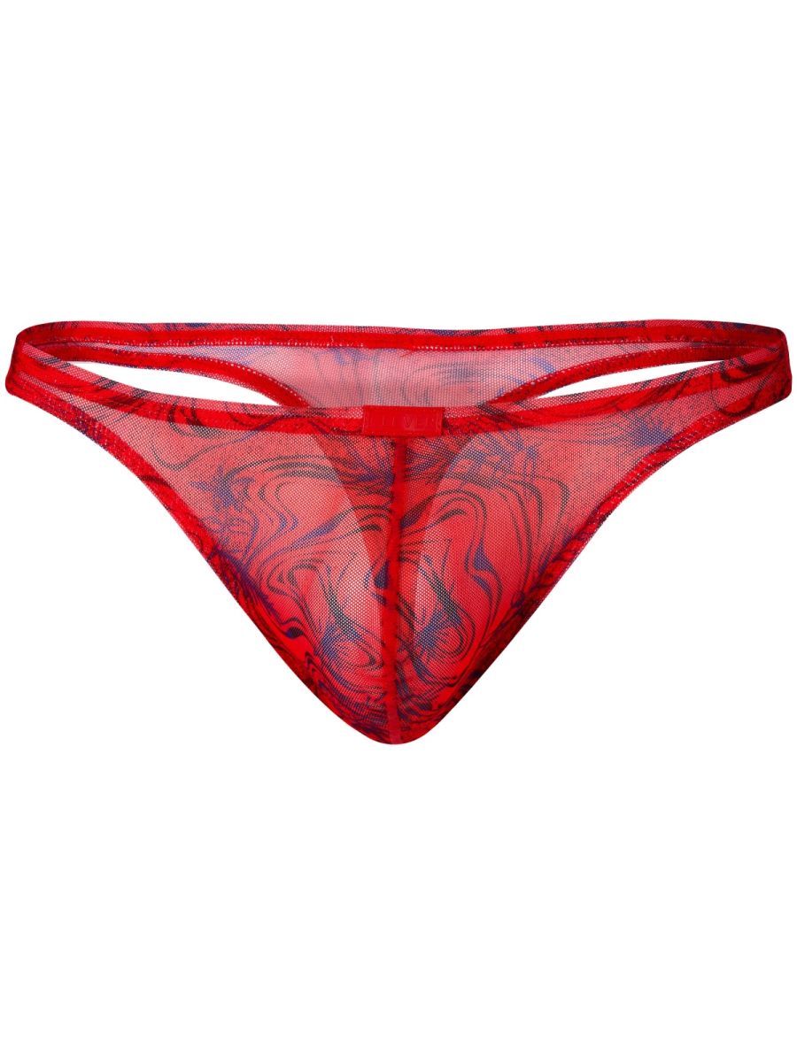 Red sheer mesh clever 26036 calipso thong with bold blue and black abstract swirl pattern for sleek sophisticated support