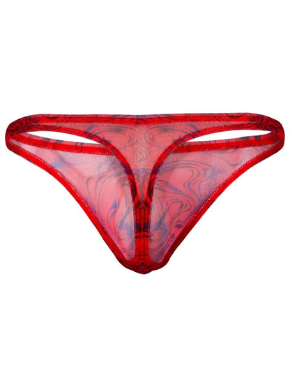 Red sheer mesh thong with marbled blue and pink pattern from clever 26036 calipso thongs collection