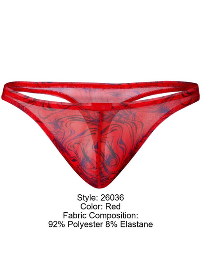 Red clever 26036 calipso thong in sheer mesh with a swirling blue pattern for sleek and sophisticated support