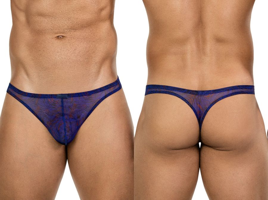 Navy blue sheer lace thong with subtle pattern and solid waistband from clever 26037 calipso collection