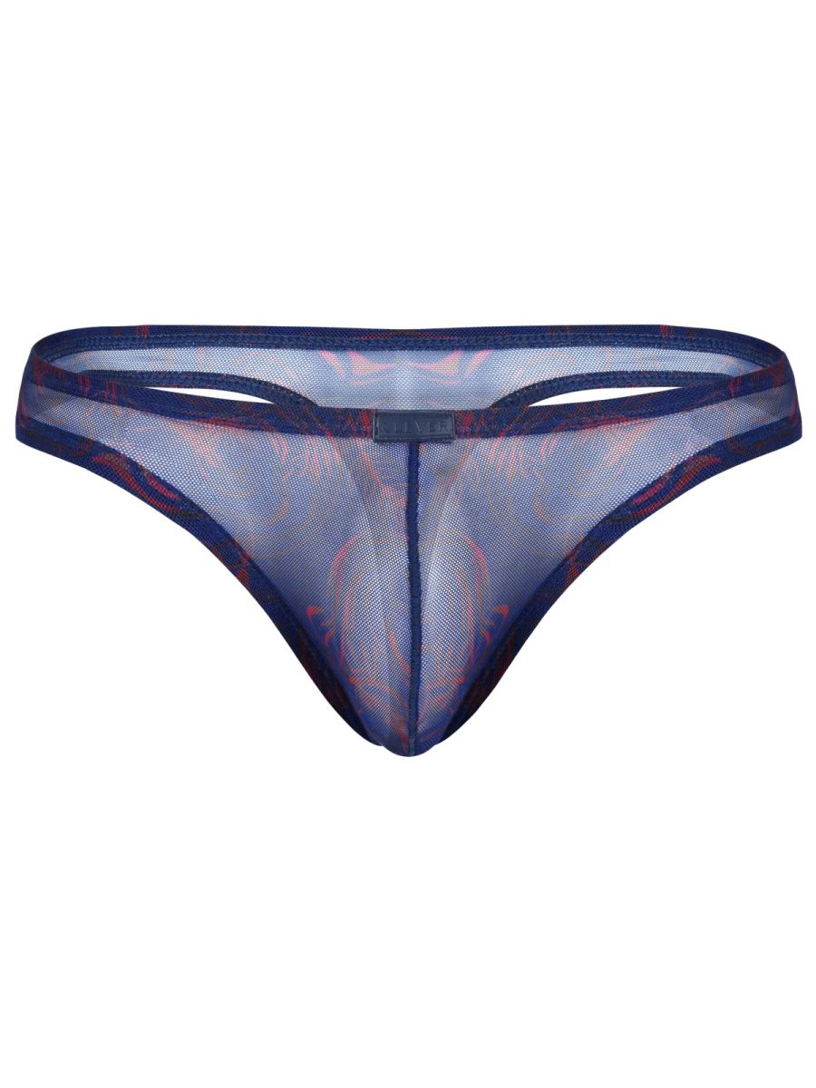 Navy blue sheer mesh thong with subtle red pattern and reinforced waistband from clever 26037 calipso thongs collection